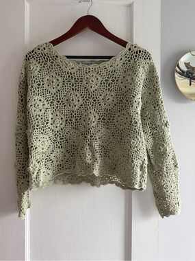 Crochet Openwork Boxy Sweater - Sage Green